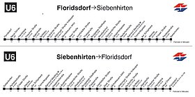 U Bahn Fahrplan der U6 in Wien mit allen Stationen, Fahrzeiten von Floridsdorf nach Siebenhirten und retour