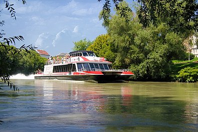 Schiff auf der Donau vor grünen Bäumen und Sträuchern