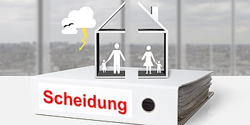 Ordner mit Wort Scheidung, Haus mit Familienfiguren, Wolke mit Blitz