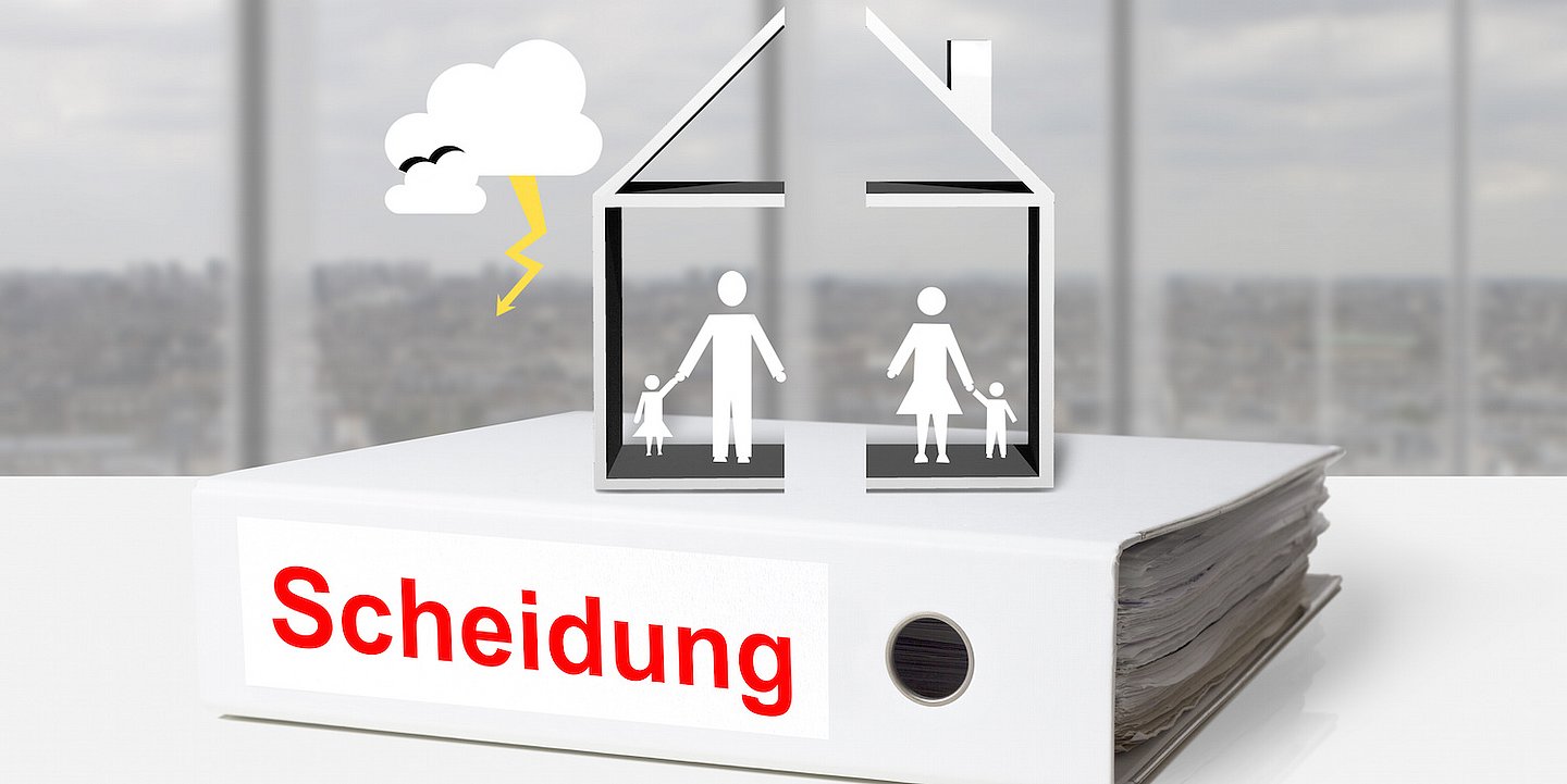 Ordner mit Wort Scheidung, Haus mit Familienfiguren, Wolke mit Blitz