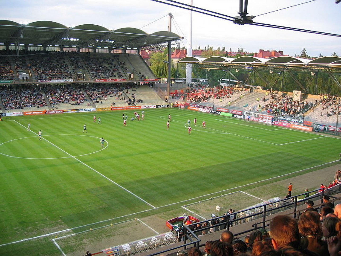 Eine große Stadionwiese von der Tribüne aus gesehen