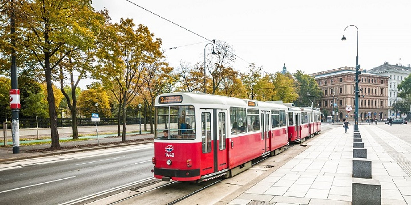 Wiener Straßenbahn hält an einer Haltestelle an.