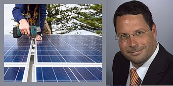 PV-Anlage wird auf Dach verschraubt, rechts Dipl.-Ing. Dr.techn. Peter Mandl