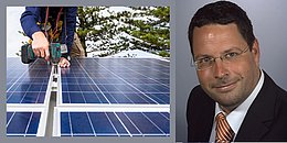 PV-Anlage wird auf Dach verschraubt, rechts Dipl.-Ing. Dr.techn. Peter Mandl