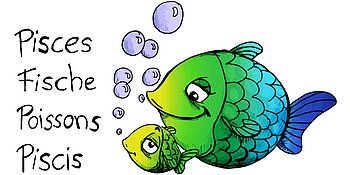 Sternzeichen fische als comic mit Schriftzug Pisces, fische, Poissons, Poscis