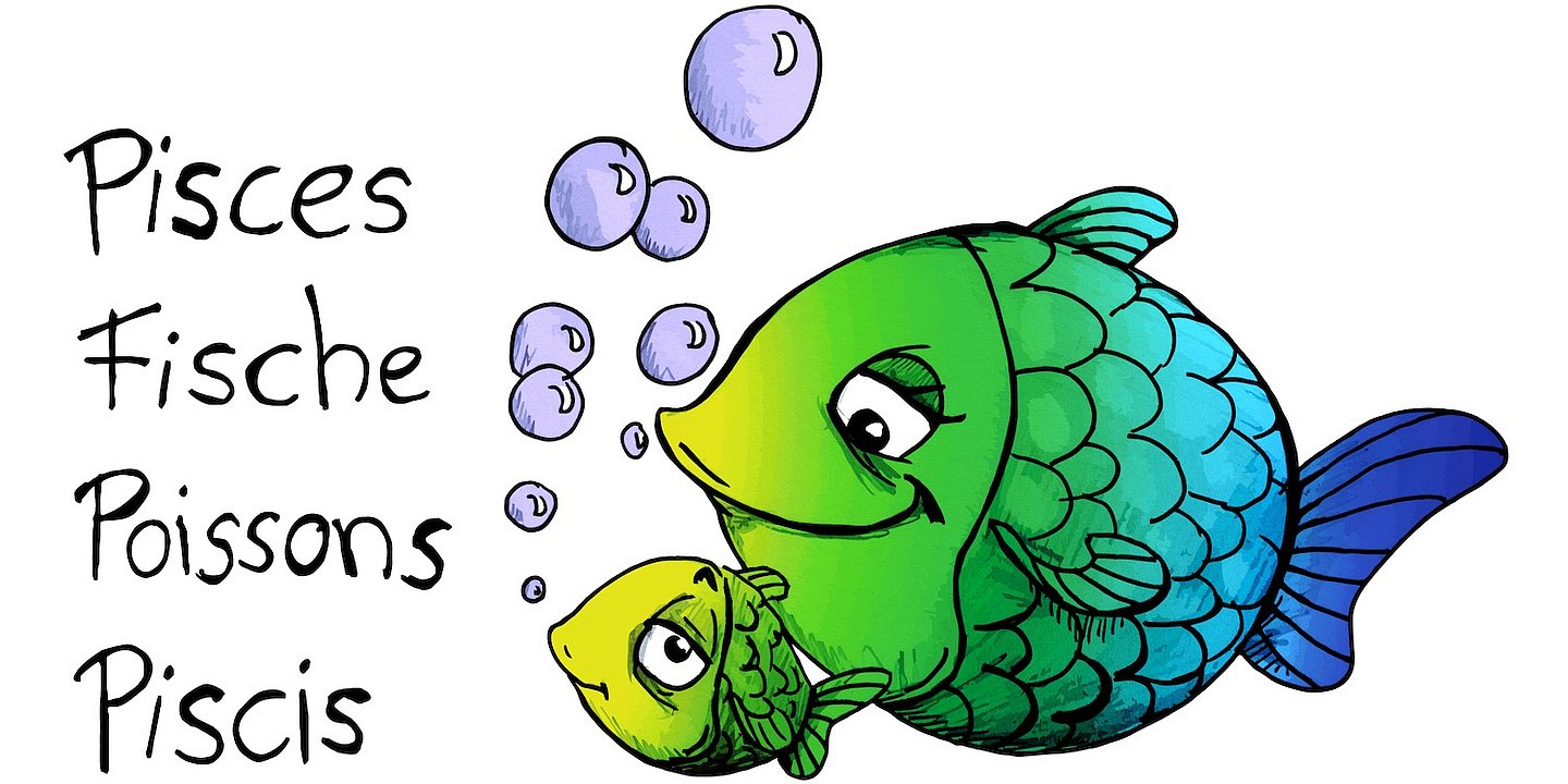 Sternzeichen fische als comic mit Schriftzug Pisces, fische, Poissons, Poscis