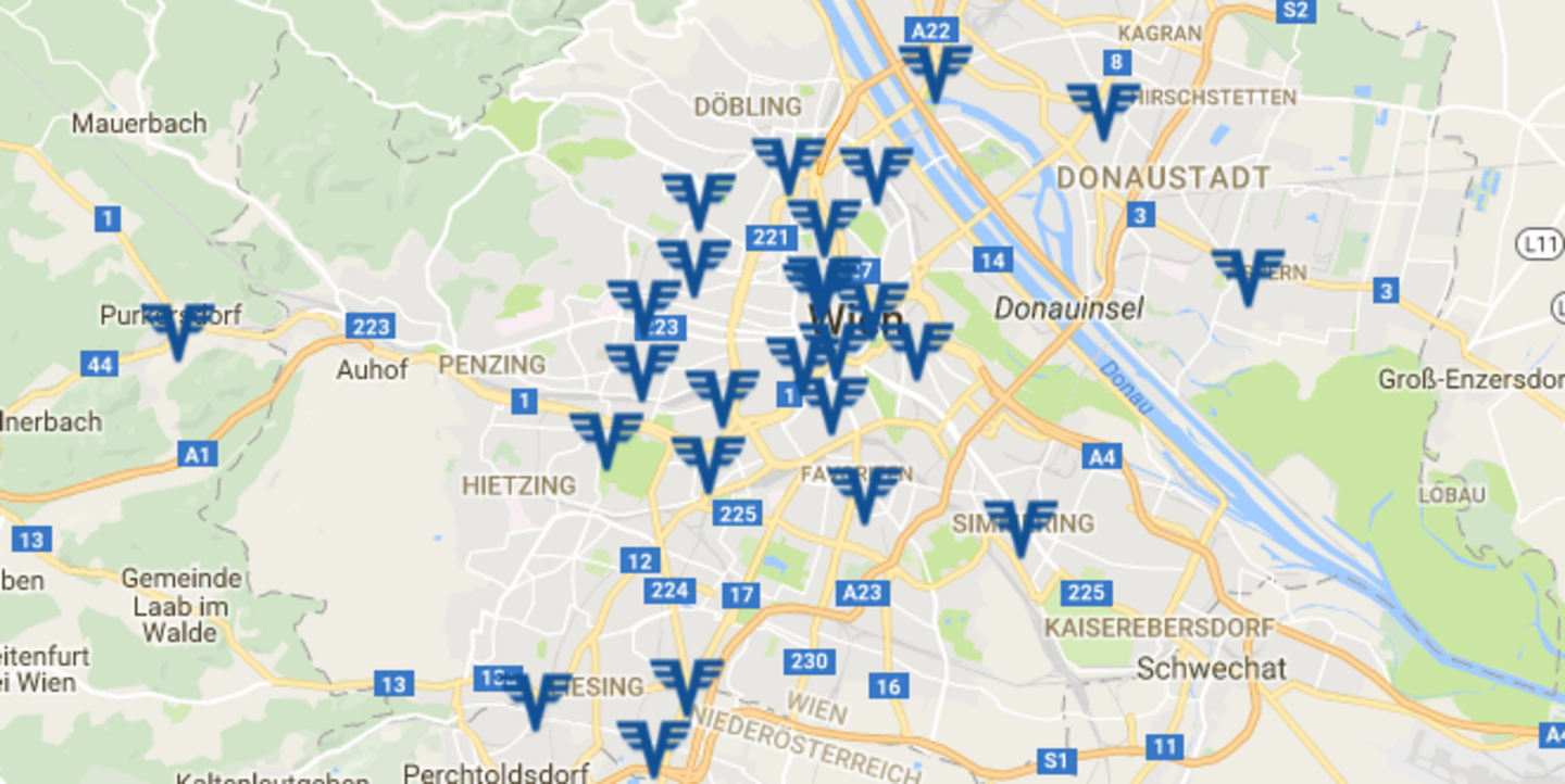 Volksbank Filialfinder: Österreichkarte mit Volksbankfilialen