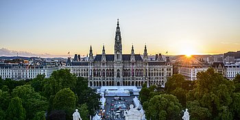 Das Wiener Rathaus bei Sonnenuntergang