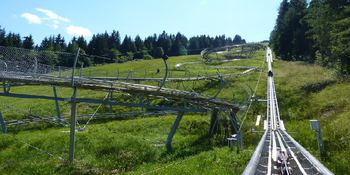 Sommerrodelbahn, eine Strecke am Berg, viel Wald