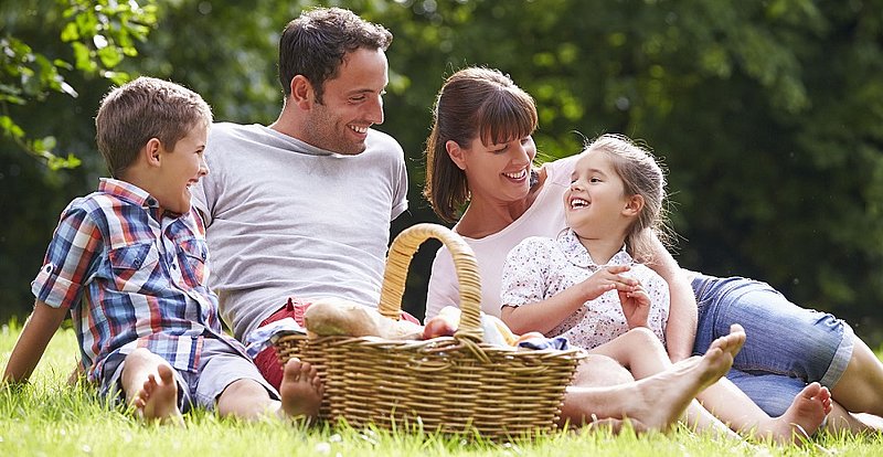 Familie am Picknicken im Grünen.