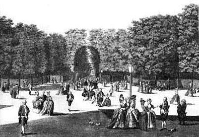 Schwarz-Weiß-Zeichnung von Menschen im Wiener Augarten um das Jahr 1780.