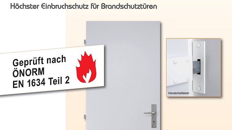 Flyer für Brandschutzbalken von Hellason. Ein schmaler weißer Balken vor einer Tür. 