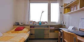 Einzelzimmer im base19 Studentenwohnheim. Einzelbett mit gelb karierter Bettwäsche und rotem Kissen. Großes Fenster. Schreibtisch, Regale und Schreibtischstuhl aus hellem Holz.