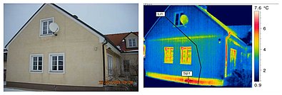 Foto aufgenommen mit Wärmebildkamera. Bauthermografie eines Gebäudes mit Farbskala.