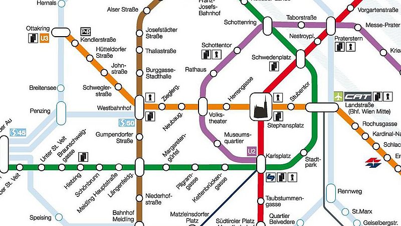 Netzplan der Wiener Linien mit den U-Bahnen U1, U2, U3, U4 und U6 und allen ihren Stationen und Umsteigemöglichkeiten. Auch die S-Bahnen sind teilweise eingezeichnet. Markierungen gibt es für Stationen, in denen sich eine besondere Einrichtung befindet, wie City Airport Train-Station, Station der Lokalbahn Wien Baden, Vienna International Busterminal, Kundenzentrum und Informationsstellen der Wiener Linien, Ticket- und Verkaufsstellen der Wiener Linien, sowie Park&Ride-Anlagen.