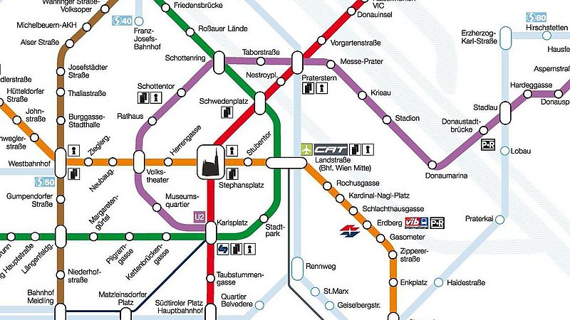 Netzplan der Wiener Linien mit den U-Bahnen U1, U2, U3, U4 und U6 und allen ihren Stationen und Umsteigemöglichkeiten. Auch die S-Bahnen sind teilweise eingezeichnet. Markierungen gibt es für Stationen, in denen sich eine besondere Einrichtung befindet, wie City Airport Train-Station, Station der Lokalbahn Wien Baden, Vienna International Busterminal, Kundenzentrum und Informationsstellen der Wiener Linien, Ticket- und Verkaufsstellen der Wiener Linien, sowie Park&Ride-Anlagen.