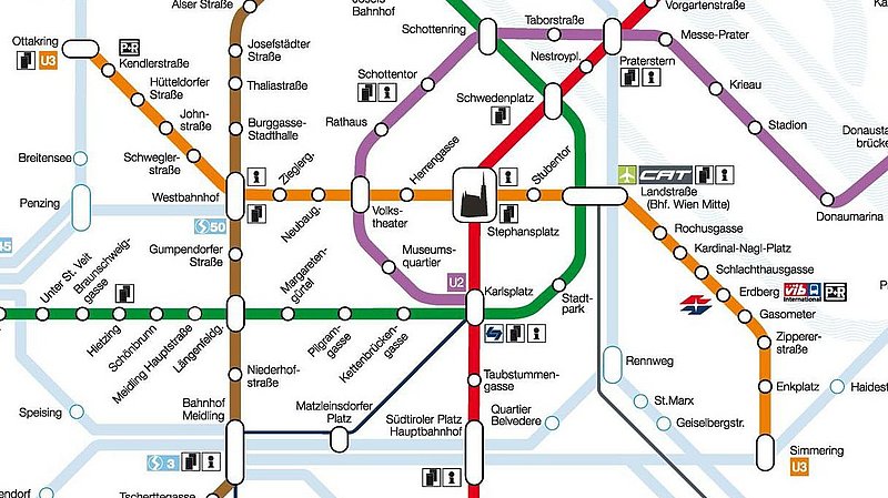 Netzplan der Wiener Linien mit den U-Bahnen U1, U2, U3, U4 und U6 und allen ihren Stationen und Umsteigemöglichkeiten. Auch die S-Bahnen sind teilweise eingezeichnet. Markierungen gibt es für Stationen, in denen sich eine besondere Einrichtung befindet, wie City Airport Train-Station, Station der Lokalbahn Wien Baden, Vienna International Busterminal, Kundenzentrum und Informationsstellen der Wiener Linien, Ticket- und Verkaufsstellen der Wiener Linien, sowie Park&Ride-Anlagen.