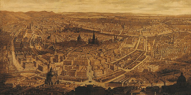 Bild von historischem Stich von der Stadt Wien. Im Zentrum ragt der Stephansdom über die ihn umgebenden Häuser.